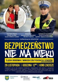 plakat promujący bezpieczeństwo, przedstawiający Mirosława Szołtyska i policjantkę