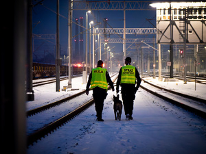 Policjant oraz funkcjonariusz SOK z psem w trakcie patrolowania torów kolejowych