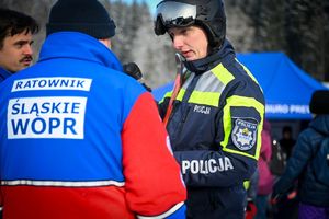 Na zdjęciu widoczny policjant na nartach