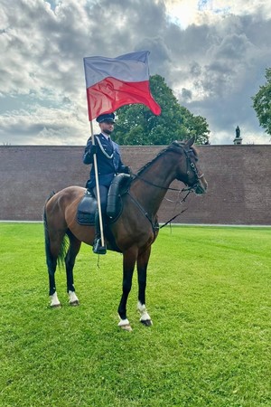 Policjant na koniu z biało-czerwoną flagą w ręku.