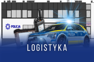 Radiowóz i radio nasobne na tle budynku.