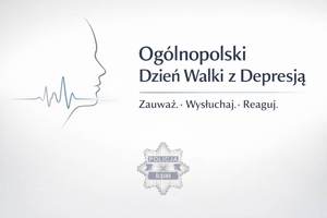 Zdjęcie przedstawia po lewej stronie zarys profilu twarzy po prawej stronie napis: Ogólnopolski Dzień Walki z Depresją. Zauważ. Wysłuchaj. Reaguj.