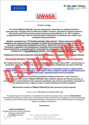 Na zdjęciu widać pismo udające oficjalne wezwanie Europolu. Na środku widać duży czerwony napis OSZUSTWO.