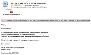 Na zdjęciu fałszywy e mail z wezwaniem na Policję.