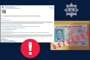 Grafika przedstawia po lewej stronie otwartą wiadomość e-mail z długa treścią w języku polskim oraz małą miniaturką załącznika u góry. Po prawej stronie widzimy  zdjęcie prawa jazdy. Na dokumencie znajduje się czerwony napis OSZUSTWO .W dolnej części obrazu widać duży czerwony okrąg z białym wykrzyknikiem.