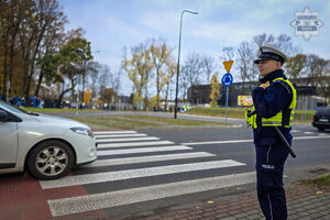 Na zdjęciu widzimy policjanta ruchu drogowego stojącego przed przejściem dla pieszych