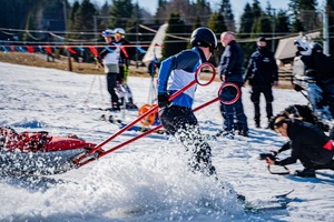 Mężczyzna na nartach ciągnący nosze z poszkodowanym