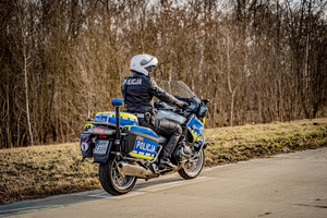 Zdjęcie policjanta na motocyklu na tle jesiennego lasu.