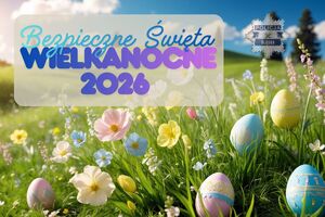 Kartka Świąteczna z widokiem łąki oraz pisankami z napisem Wielkanoc 2026