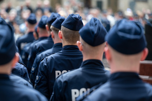 Policjanci w mundurach ćwiczebnych stoją w kilku szeregach