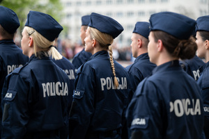 Policjanci i policjantki w mundurach ćwiczebnych stoją w kilku szeregach
