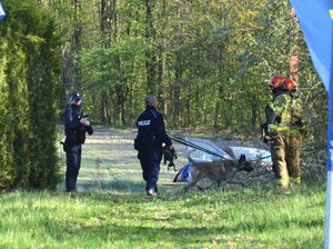 umundurowani policjanci z psem służbowym i strażacy w trakcie działań
