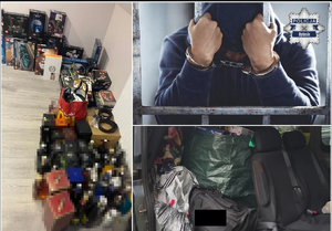 grafika przedstawia łupy złodziei i osobę w kajdankach