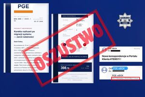 Zdjęcie przedstawia ilustrację z napisem - oszustwo, obok którego znajdują się fałszywe informacje