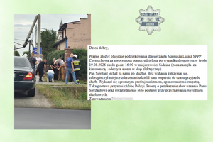 Kolaż ze zdjęcia osób udzielających pomocy uczestnikom wypadku i podziękowań