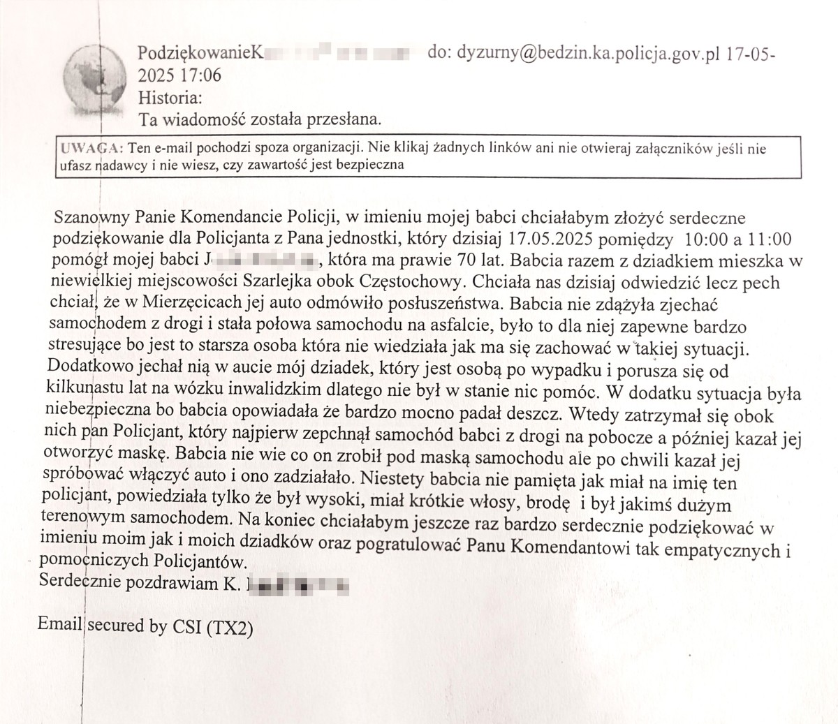 Treść podziękowań