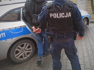Na zdjęciu umundurowany policjant umieszcza zatrzymanego mężczyznę do radiowozu.