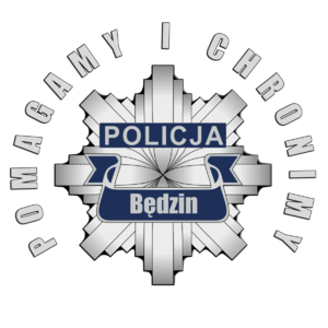 zdjęcie przedstawia odznakę policyjną i napis pomagamy i chronimy policja Będzin