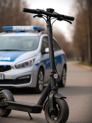 Grafika przedstawiająca hulajnogę elektryczną i radiowóz policyjny w tle.