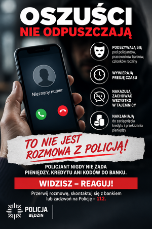 Infografika z telefonem komórkowym na czarnym tle i napisem: oszuści nie odpuszczają. Znajdują się również porady co zrobić gdy mamy podejrzany telefon.