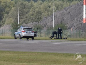 Policjanci obezwładniają osobę na pasie startowym lotniska.