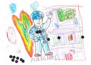 Rysunek przedszkolaka, którego tematem jest Policja