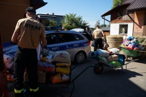 Dwóch strażaków przy radiowozie policyjnym układa i nosi zebrane dary dla zwierząt