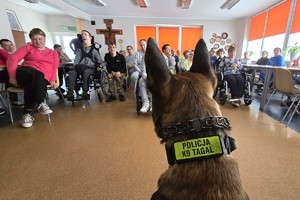 Na zdjęciu widzimy policjanta, psa służbowego oraz podopiecznych