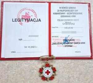 Odznaka Zasłużonego Dawcy Krwi I stopnia i legitymacja.