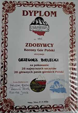 Dyplom Zdobywcy Korony Gór Polski.