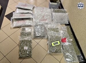 osiemnaście worków i karton z suszem roślinnym brunatnego koloru leżą na podłodze, na nich opaska z napisem Policja