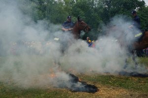 policjanci na koniach przechodzą przez dym