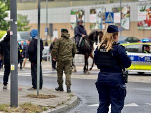 Na zdjęciu policjantka stojąca tyłem na ulicy, radiowóz, żołnierze oraz inni uczestnicy przemarszu