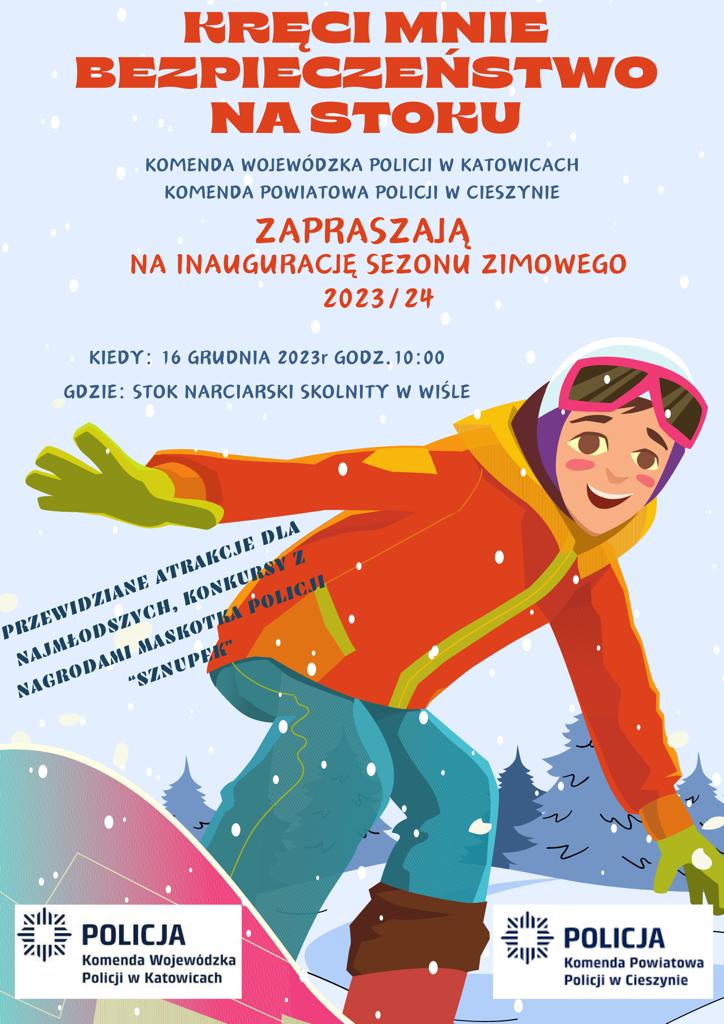 plakat z informacją o wydarzeniu opisanym w tekście, prezentuje grafikę uśmiechnietego dziecka  jadącego na desce snowboardowej w zimę