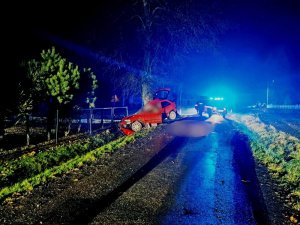 grafika-noc, czerwone auto oparte o drzewo, na jezdni stoi samochód służb ratowniczych z włączonymi światłami uprzywilejowania w kolorze niebieskim