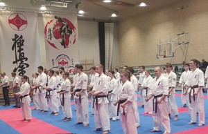 sportowcy ubrani w karate gi stoją na macie zwróceni w jednym kierunku