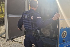 słonecznie, parking, policjant zamyka drzwi radiowozu, w środku zatrzymany mężczyzna