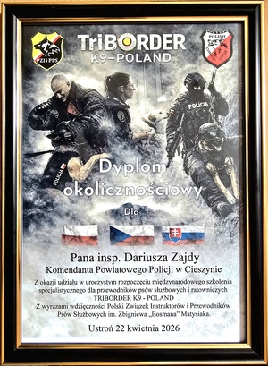 dyplom z podziękowaniami za udział w inauguracji dla Komendanta Zajdy