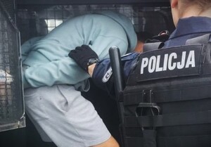policjant nadzoruje osobę z kajdankami na rękach z tyłu, która siada w radiowozie