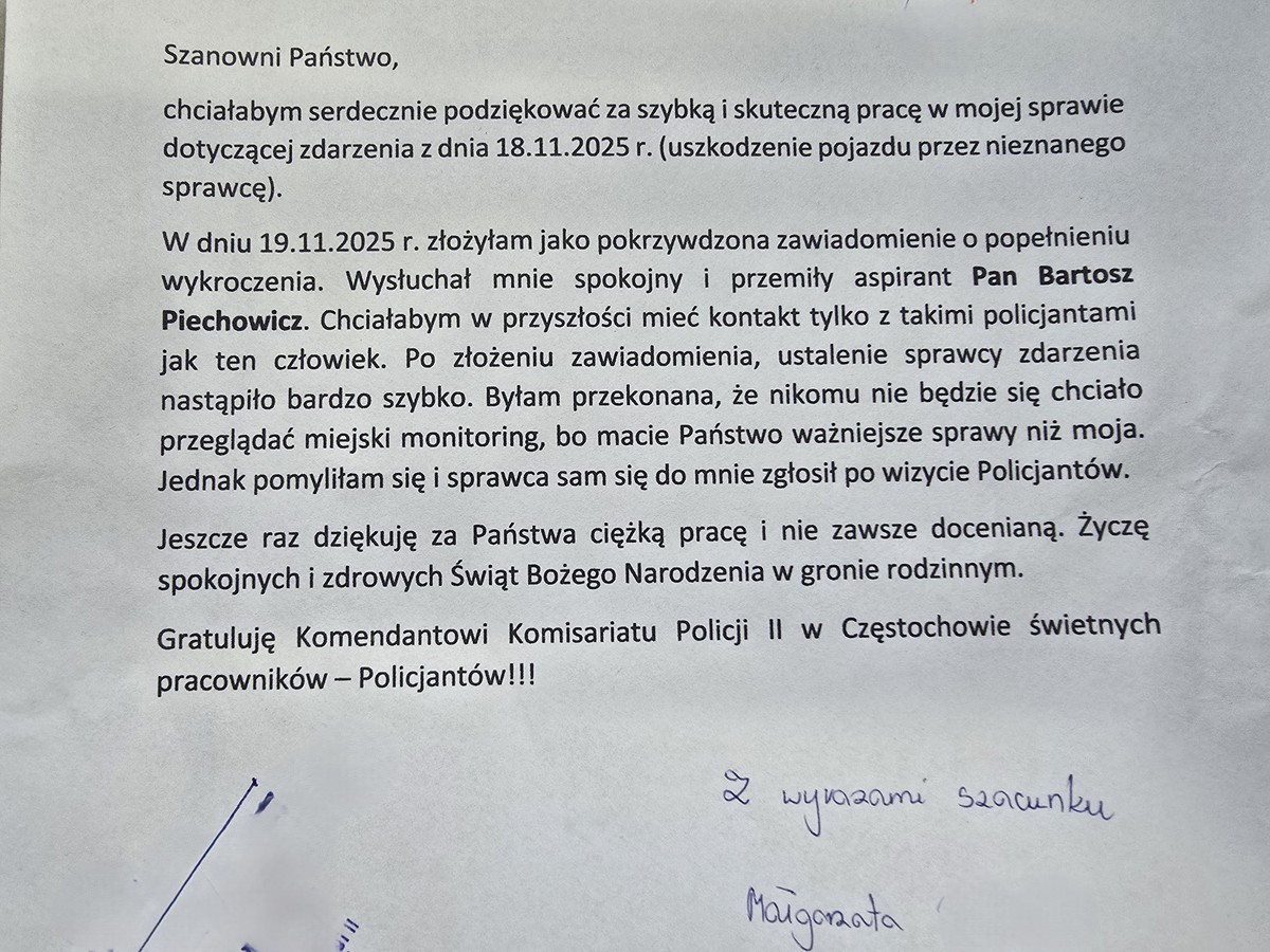 Treść podziękowań dla policjanta