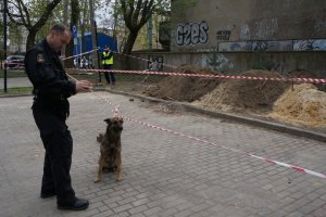 Policjant z zespołu rozpoznania minersko - pirotechnicznego z psem służbowym.