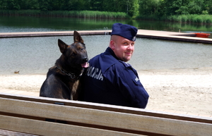 policjant z psem służbowym siedzą na ławce i patrzą na fotografującego