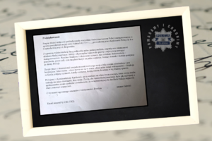 Grafika z listem i ramką oraz logo śląskiej Policji