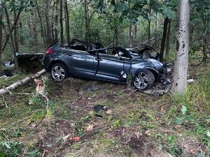 Zniszczony pojazd w lesie
