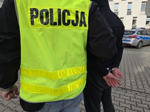 Policjant doprowadza zatrzymanego w tle zaparkowany radiowóz