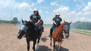 Policjanci na koniach podczas konkurencji z zadymieniem