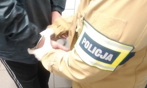 Nieumundurowany policjant z opaska na ramieniu z napisem policja zakłada mężczyźnie kajdanki na ręce trzymane z tyłu.