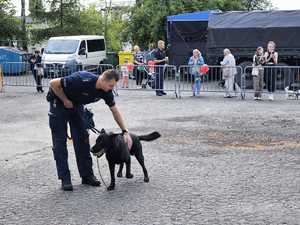 Na zdjęciu widać umundurowanego policjanta trzymającego na smyczy psa służbowego.