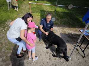 Na zdjęciu widać umundurowanego policjanta z psem, kobietę z dzieckiem.