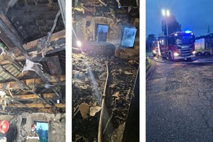 Zdjęcie składa się z trzech ujęć od lewej dwa przedstawiają widok pogorzeliska, po prawej wóz strażacki.